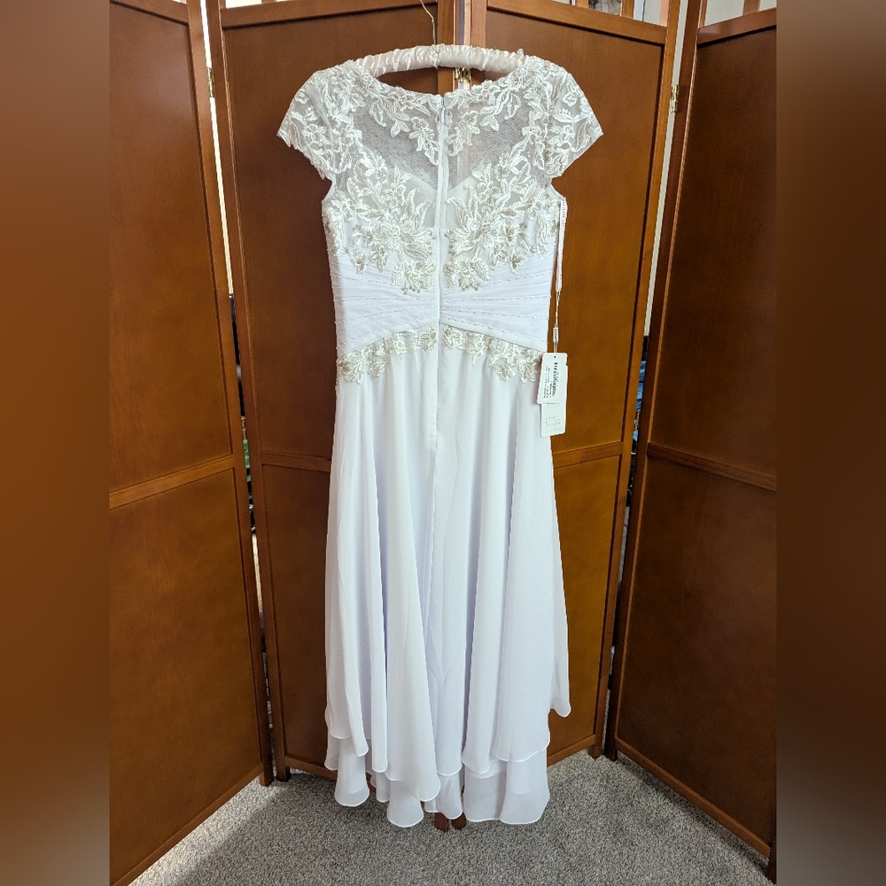A-Line Scoop Illusion Asymmetrical Chiffon Lace Bridal Wedding Dress NWT Size 4 - Picture 5 of 7